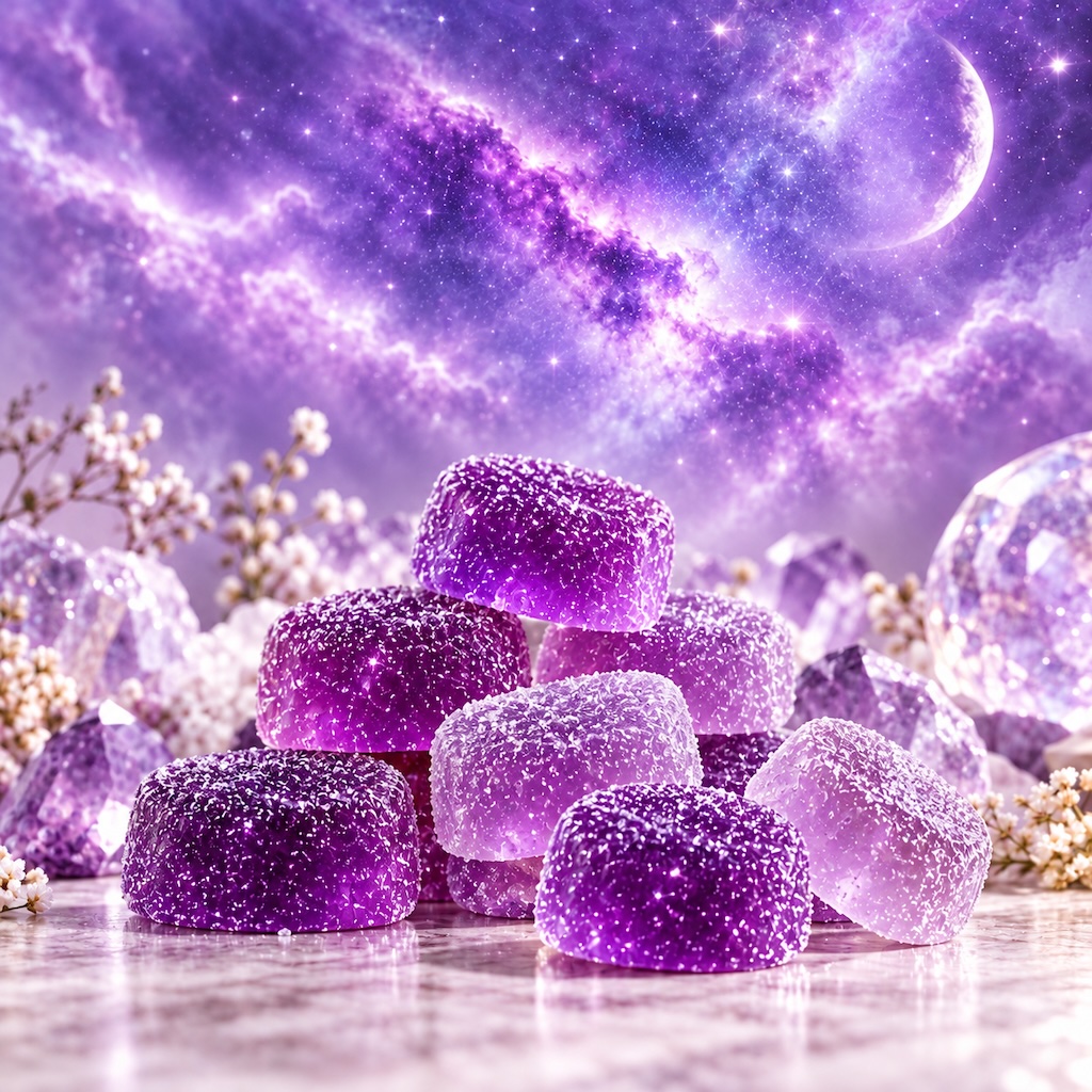 Purple cosmic gummies on marble copy